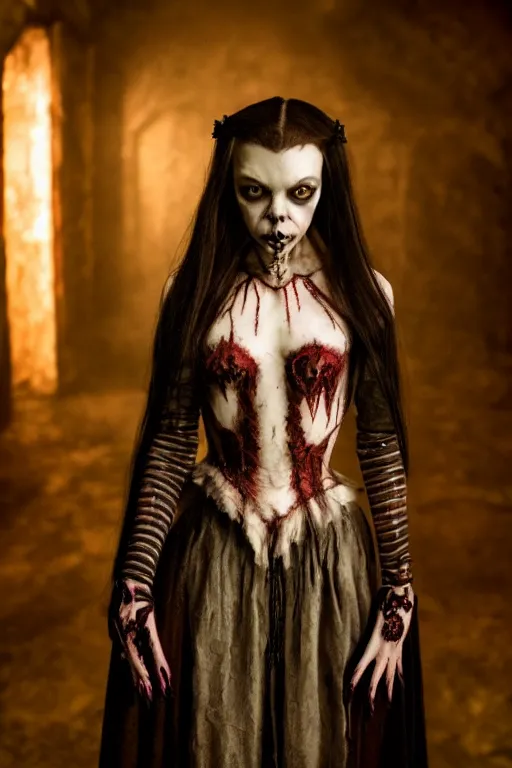 Prompt: dressed anya taylor - joy, a sinister demonic princess of cenobites, symmetrical, cinematic, elegant, demonic atmosphere, professional studio light, real dlsr photography, sharp focus, costume made by clive barker, real rotten flesh, blood and bones, 4 k, ultra hd, sense of awe