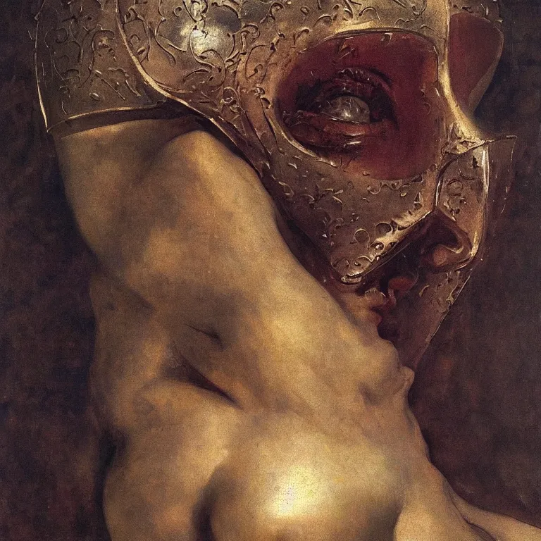 Image similar to The waist-high portrait of beautiful woman with closed eyes in steel full-face occult mask by Ilya Repin, William Blake, Michelangelo da Caravaggio and Beksinski, highly detailed oil painting, trending by artstation, fantasy character, 4k, masterpiece