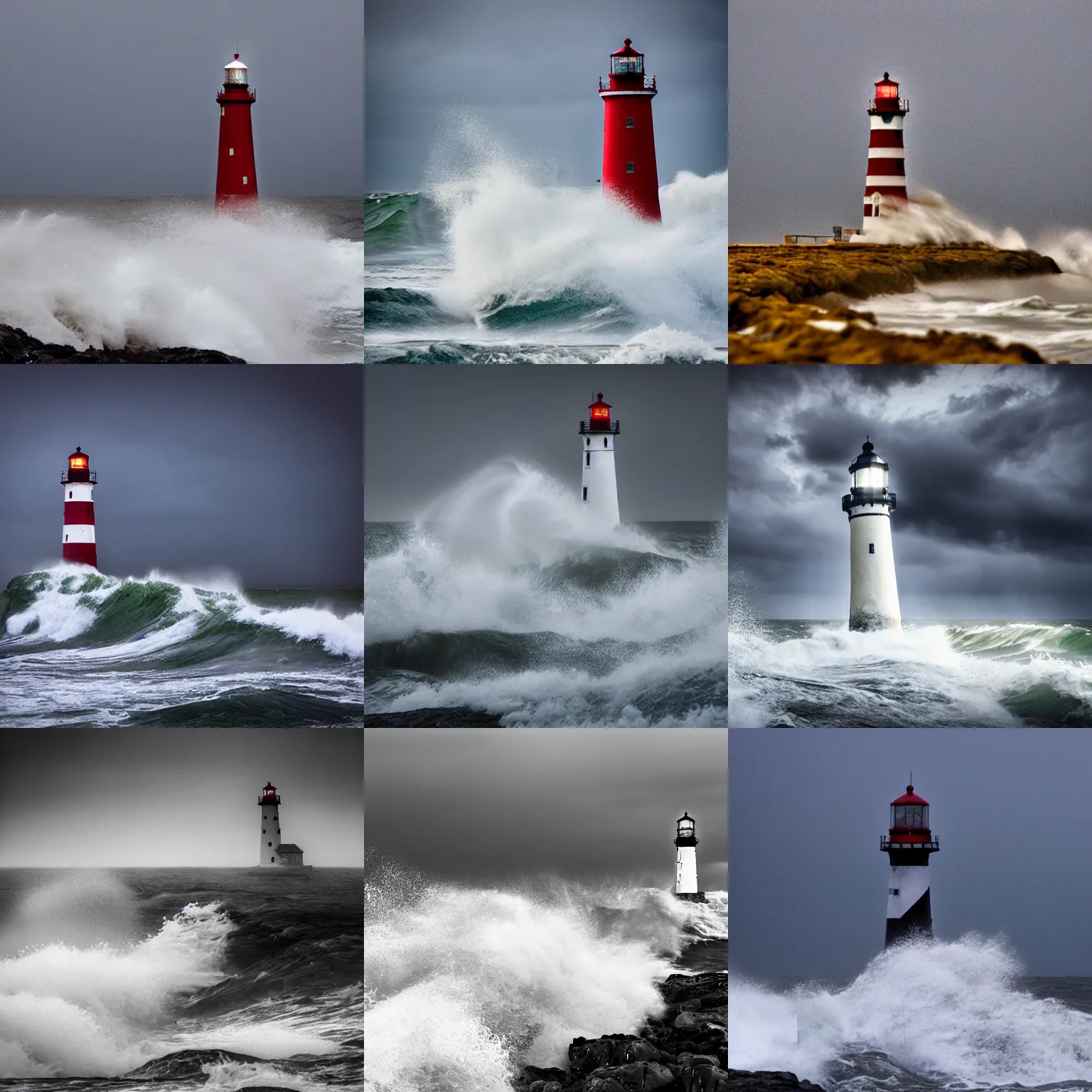 Image similar to lighthouse in a storm. lonely, churning waves, splashing on lighthouse. warm lighting