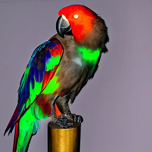 Prompt: photo of metal parrot with glowing eyes