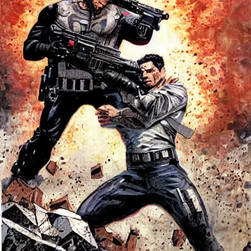 Image similar to The punisher fighting Neo. Epic painting by James Gurney and Belén Ortega.