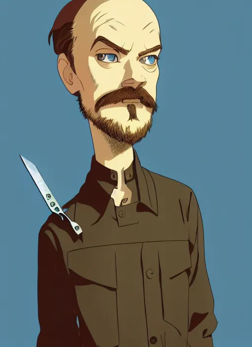 Image similar to art young lenin with razor blade, light blue eyes, pale skin, freckles, sad expression, t - shirt, modern casual clothing, natural lighting, path traced, highly detailed, high quality, cartoon, digital painting, by don bluth and ross tran and studio ghibli and alphonse mucha