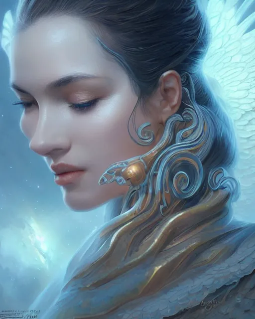 Image similar to close up portrait of a beautiful cosmic angel, fantasy, intricate, elegant, highly detailed, digital painting, artstation, concept art, smooth, sharp focus, illustration, by artgerm and greg rutkowski