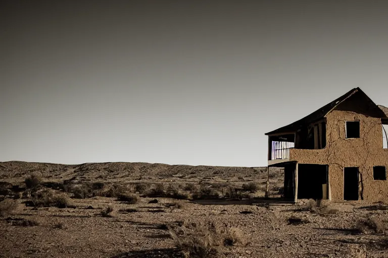 Image similar to desolate house in the middle of the desert, golden hour, dramatic, desolate, award winning