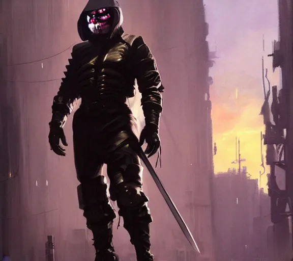 Image similar to Greg Manchess painting of a cyberpunk supersoldier character with katana, armoured in athletic carbon suit head to toe, cyberpunk street, rain, dark atmosphere, wide shot, asymmetrical, profile picture, Organic Painting, sunset dark dramatic, matte painting, bold shapes, hard edges, street art, trending on artstation, by Huang Guangjian and Gil Elvgren and Sachin Teng