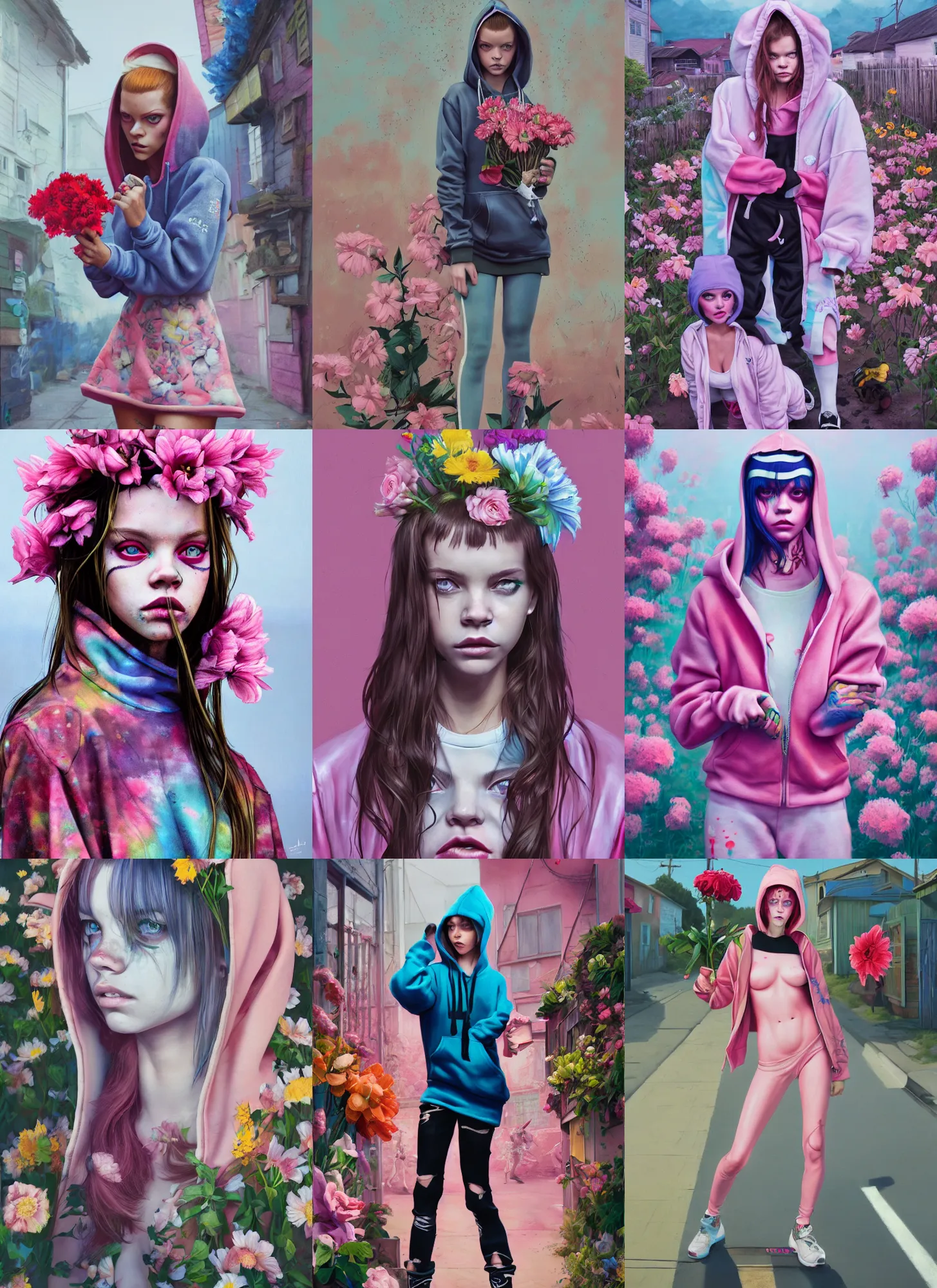 Image similar to still from music video of barbara palvin from die antwoord standing in a township street, wearing a hoodie and flowers, street clothes, full figure portrait painting by martine johanna, ilya kuvshinov, rossdraws, pastel color palette, 2 4 mm lens