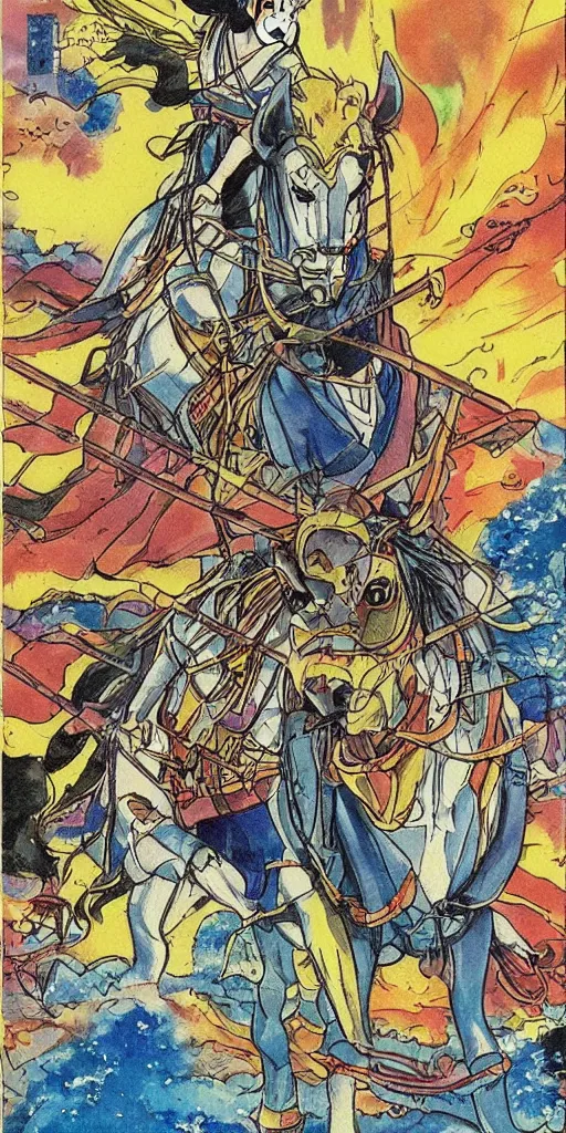 Image similar to a chariot drawn by horse in japan, 1990s anime, full color, tarot card the chariot,