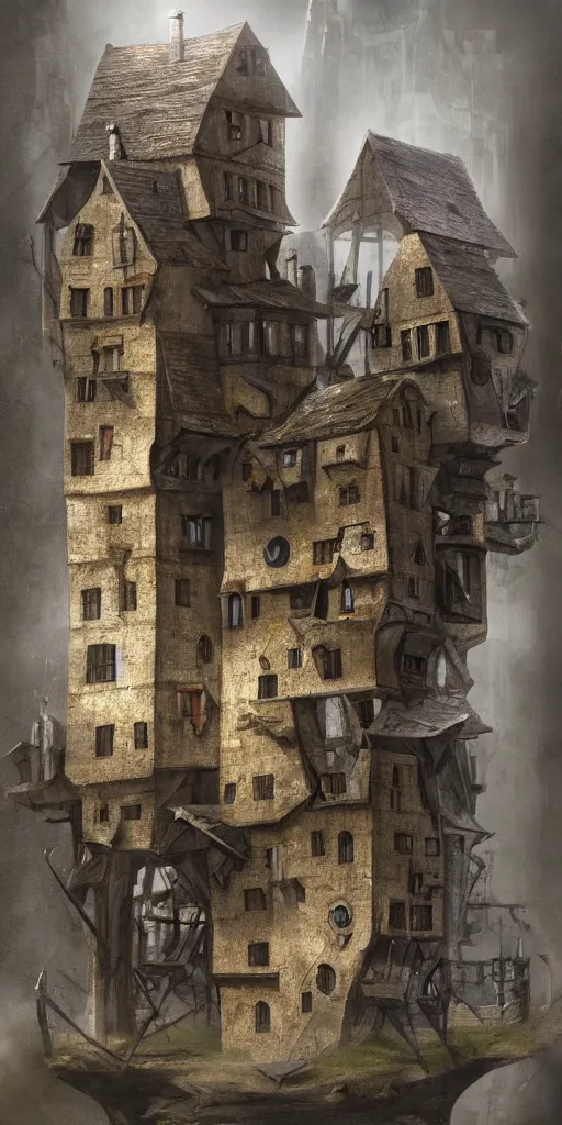 Prompt: multiple medieval houses stacked on each other, creating a thin monolith, concept art, very tall, trending on deviantart, movie still, award wining photograph