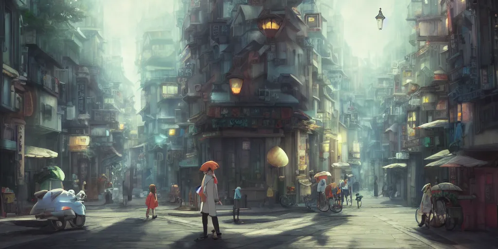 Prompt: a street, cinematic angle, studio Ghibli, volumetric lighting, breathtaking, beautiful composition, elegant, digital art, detailed, oil painting, hyperrealistic, sharp focus, 8k