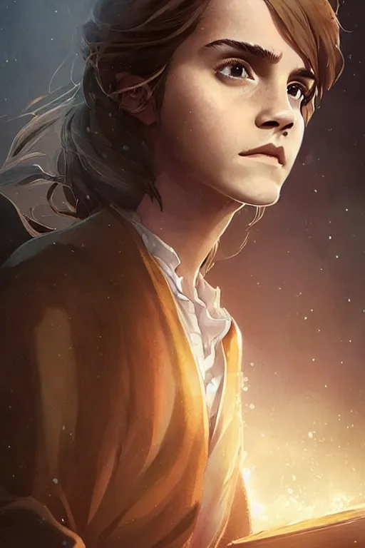 Image similar to Poster artwork, Emma Watson as Hermione Granger, wearing hogwarts robes, magnificent, medium close up, details, sharp focus, elegant, highly detailed, illustration, by Jordan Grimmer and greg rutkowski and PiNe(パイネ) and 薯子Imoko and 香川悠作 and wlop!!!! and maya takamura, intricate, beautiful, sunset!!!, Trending artstation, pixiv, digital Art