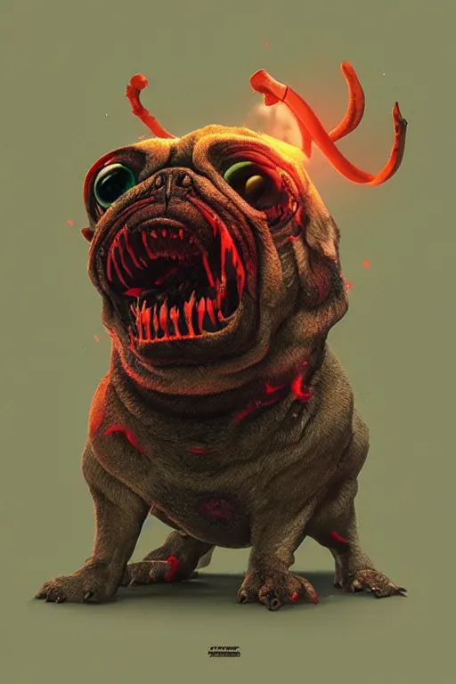 Image similar to demon pug eating flesh. art by mike winkelmann, sticker, illustration, highly detailed, artstation