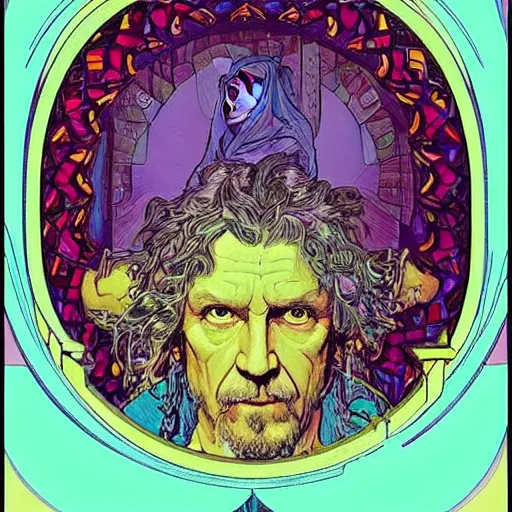 Image similar to “colorfull artwork by Franklin Booth and Alphonse Mucha and Moebius showing a portrait of Robert Plant”