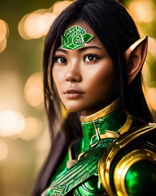 Image similar to a beautiful close up photo of a Filipina female elf ranger with long hair and green eyes, no helmet, wearing green and gold futuristic mecha armor, with ornate rune carvings and glowing lining, very detailed, shot in canon 50mm f/1.2