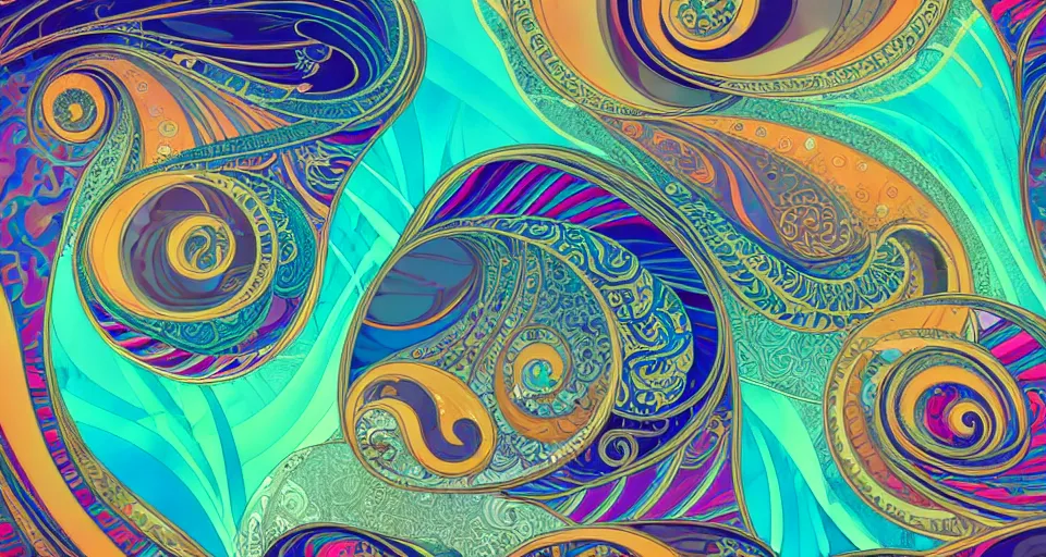 Prompt: [ palate ] [ muted colors ] crazy psychedelic 🌊 ocean waves, luxury 🛥, paisley swirls and ripples, backlit, sunset, refracted lighting, outdoors, paisley clouds in the sky, elegant, 8 k resolution, intricate and fine details, digital painting, artstation, illustration, psychedelic ocean art, alphonse mucha