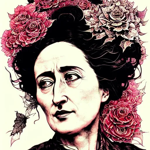 Image similar to portrait of rosa luxemburg painted in ian mcque style drawn by vania zouravliov and takato yamamoto, inspired by fractal flowers, intricate acrylic gouache painting, high detail, sharp high detail, artstation