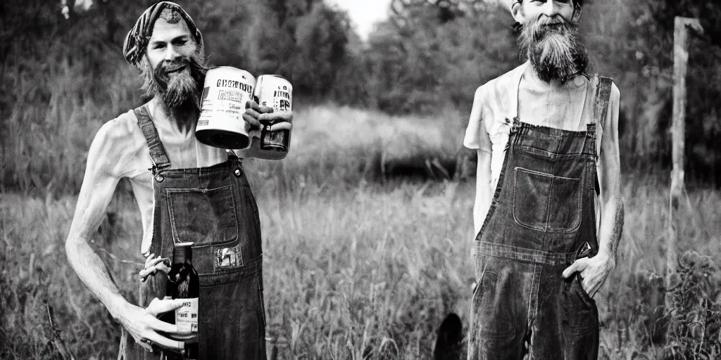 Image similar to extremely skinny malnourished redneck white male with long beard, wearing dirty overalls, dirty greasy face, grin, portrait, close up, he is proudly holding a jug of whiskey, kodak gold 2 0 0, 5 0 mm