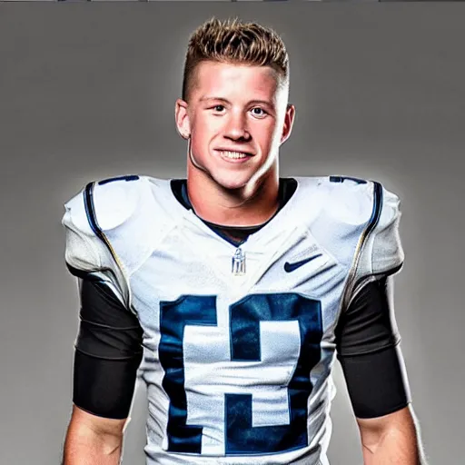 Image similar to “ a realistic detailed photo of a guy who is an attractive humanoid who is half robot and half humanoid, who is a male android, football player christian mccaffrey, shiny skin, posing like a statue, blank stare, on the field, on display ”