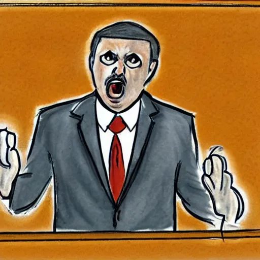 Prompt: a boll weevil ((in a suit)) giving a passionate speech ((to a jury)), courtroom sketch