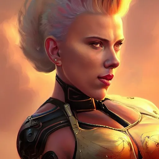 Image similar to detailed portrait of scarlett johansson as a female bodybuilder zarya from overwatch, beautiful, fantasy, intricate, elegant, highly detailed, digital painting, artstation, concept art, matte, sharp focus, illustration, art by aenaluck, artgerm and roberto ferri and greg rutkowski, epic fantasy, digital painting