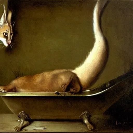 Image similar to cute caracal in bathtub, by Valentin de Boulogne