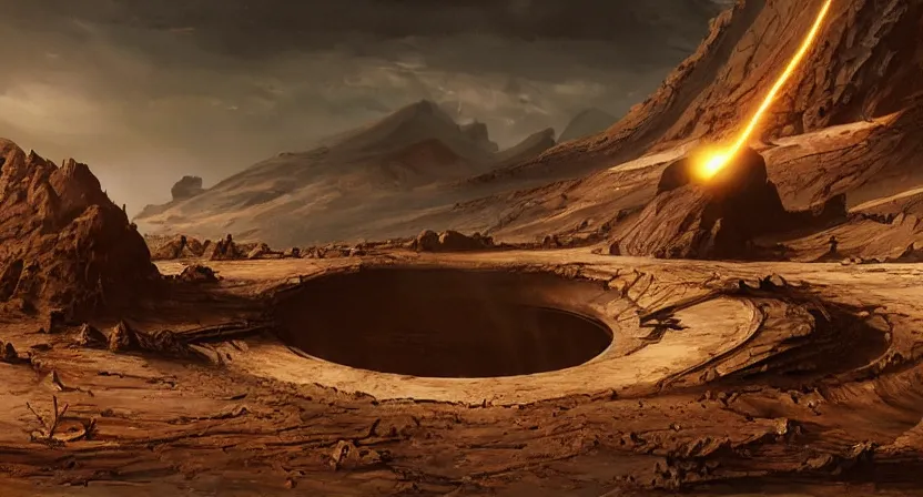 Prompt: A large, dark volcanic planet with shadows coming out of it, concept art by Doug Chiang cinematic, realistic painting, high definition, very detailed, extremely high detail, photo realistic, concept art, the Mandalorian concept art style