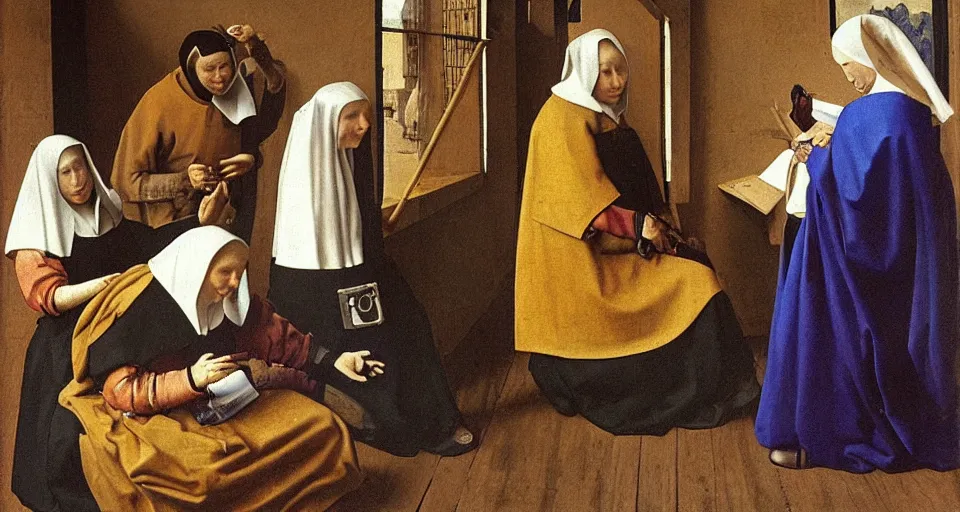 Prompt: a painting of nuns doing something punk, medieval painting by Jan van Eyck, Johannes Vermeer