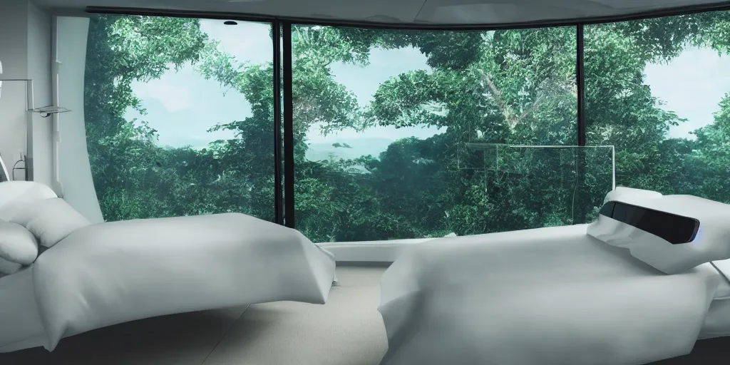 Image similar to a futuristic bed in the foreground of a futuristic minimalistic room with a huge window overlooking an lush green verdant alien planet, photorealistic, cinematic, octane render by oblivion movie thom tenery and dieter rams