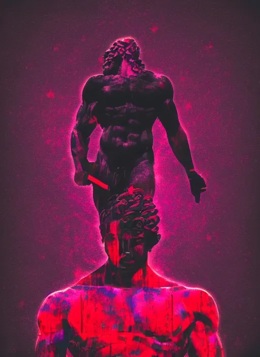 Image similar to black background with subtle red and purple design elements, statue of hercules, nekro, graphic design, collage art, thin lines, dark, glitch art, neo vaporwave, gritty, layout frame, square, trending on artstation