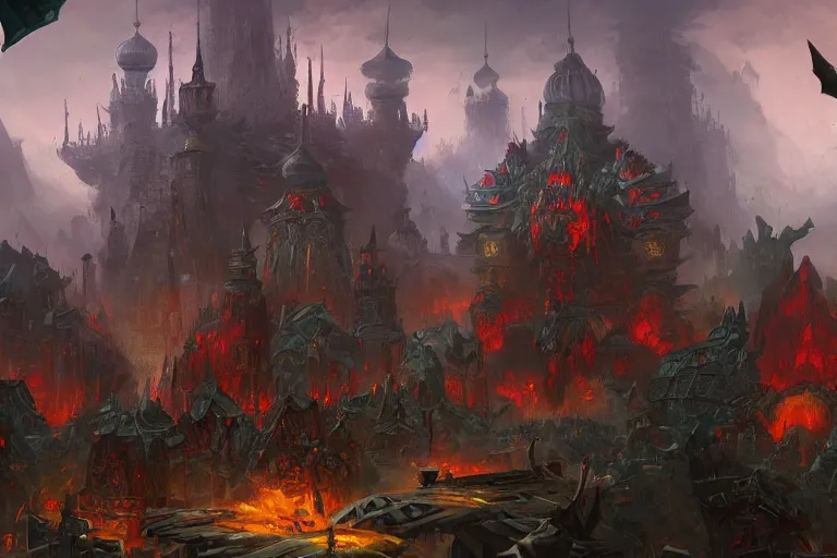 Prompt: moscow in style of world of warcraft orgrimmar, red square, orc village, green and red orcs in modern camouflage, illustration in style of darek zabrocki, noah bradley, cinematic, war, fire, orcs