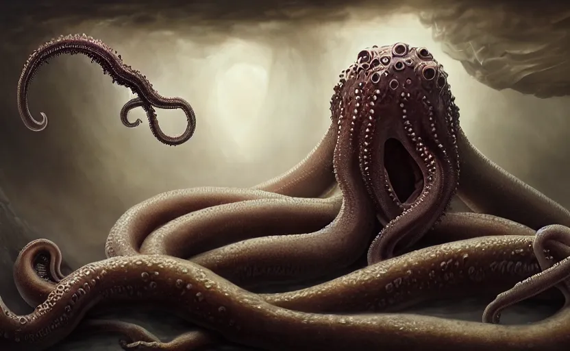 Prompt: matte oil painting of a large lovecraftian tentacle creature crawling over a child's bedroom, extremely detailed, disturbing, cinematic, 4 k, 8 k