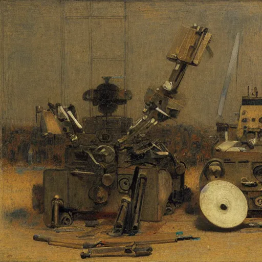Image similar to Still life of a battle robot surrounded by his weapons, by Henri Fantin-Latour