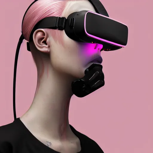 Image similar to intense futuristic bespoke vr headset respirator with long cables like dreadlocks on a set of twin humble hypebeasts, by ilya kuvshinov and james jean and sorayama and ikeuchi and hyein seo and hiroya oku and gilleard james, artstation trending, 8 k, 3 d render, photorealistic, volumetric lighting caustics, pink