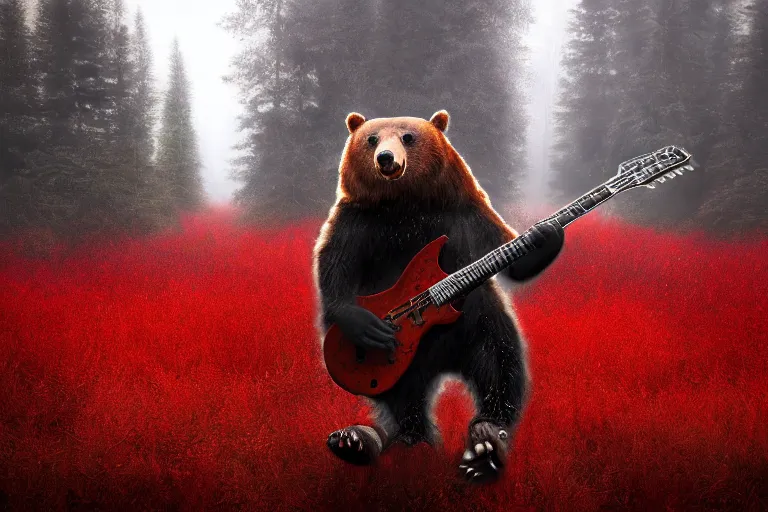 Image similar to Realistic punk bear playing hardcore metal guitar in the middle of a misty red forest talking to big foot .digital art on artstation