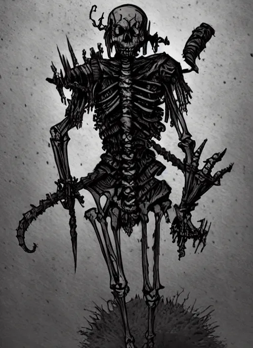 Image similar to concept art of a fragile twisted skeleton warrior with no armor in darkest dungeon, highly detailed, dark atmosphere, cosmic horror, body horror, lovecraft mythos, key character poster