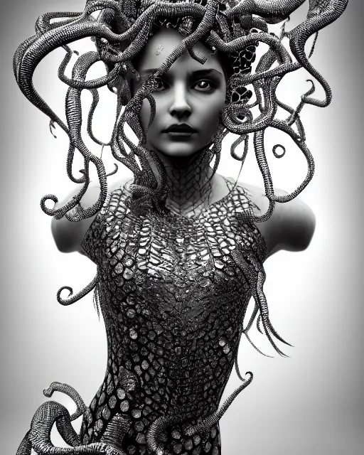 Image similar to surreal mythical dreamy artistic black and white fine art photo of a beautiful young female queen - medusa - cyborg covered with metal fish scales and translucent algae, highly detailed, intricate crystal ivy jelly fish scales ornate, poetic, octane render, 8 k, photo - realistic