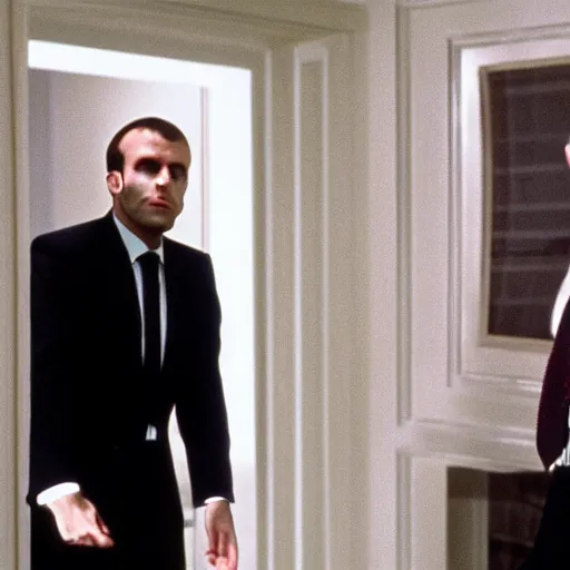 Image similar to bald and beardy Emmanuel Macron in American Psycho (1999)