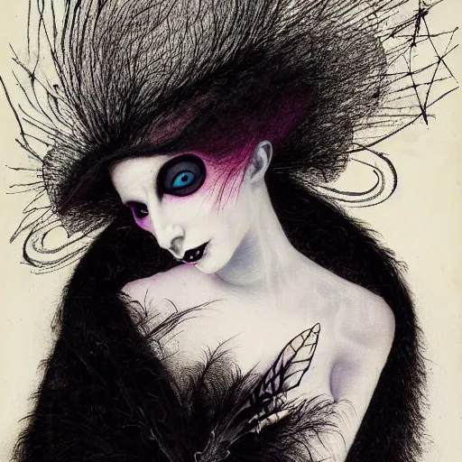 Prompt: portrait soft light, goth woman as mysterious supervillain and and black veil and modestly clothed victorian goth, black feathers instead of hair, black wings instead of arms, gray mottled skin, black feathers growing out of skin, transforming, by tim burton and brian froud, german expressionist, paintbrush, rough paper, fine,