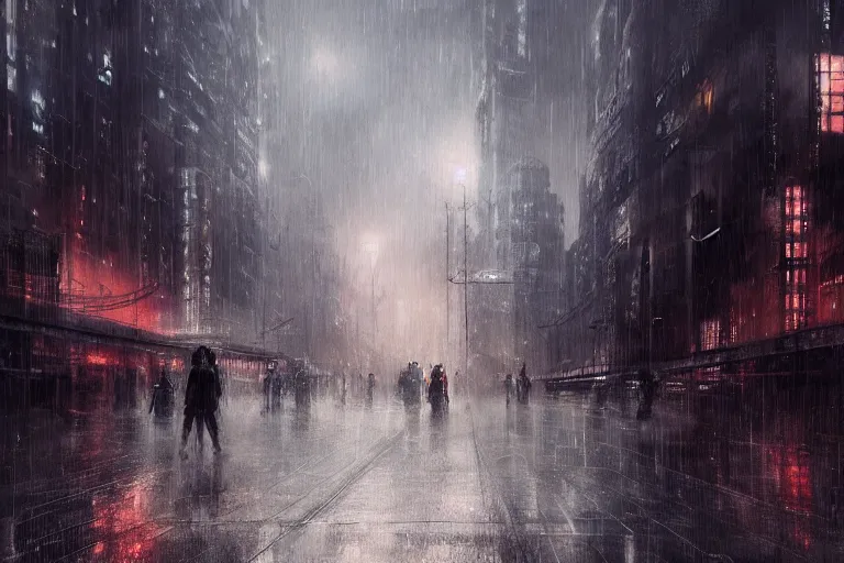 Prompt: a dystopian city at night, heavy rain, by wlop, high quality