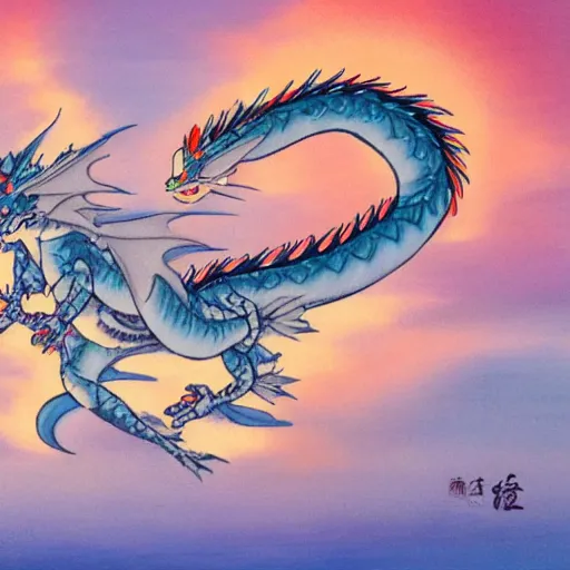 Image similar to Snow-white dragon Haku frolics in the sunset sky, Japanese painting, pastel colors