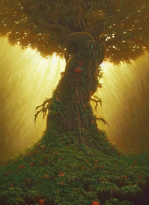 Prompt: ayahuma tree looking like an ent with brown round fruits, god rays at the top, art by christophe vacher
