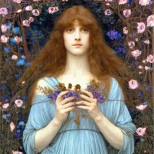 Image similar to Symmetric Pre-Raphaelite painting of a beautiful woman with dark hair in a transparent silk light blue dress, surrounded by a halo of flowers and highly detailed neural networks and highly detailed geometric drawings and highly detailed mathematical drawings, by John William Waterhouse, Pre-Raphaelite painting