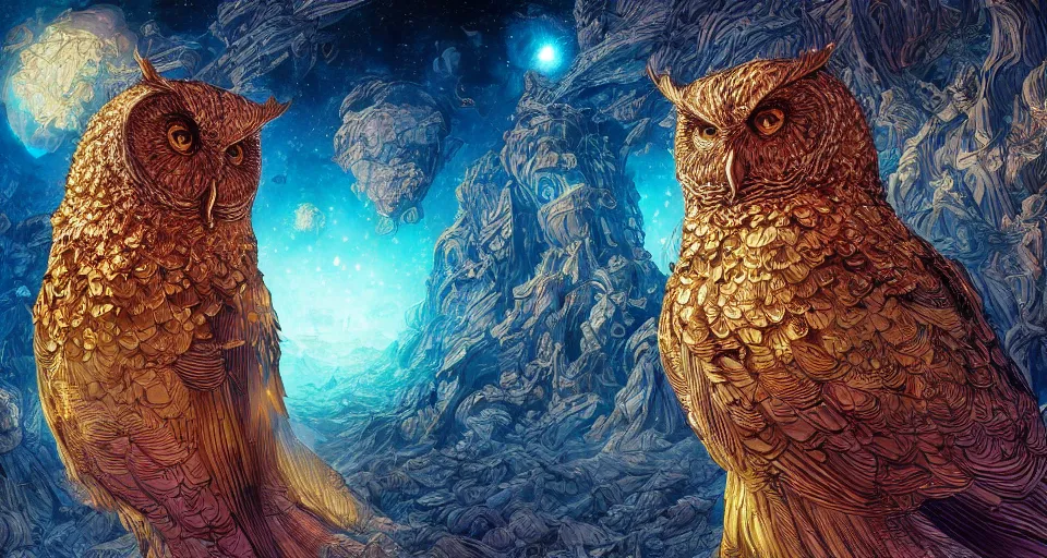 Image similar to the portrait of a smiling golden owl in the depths of the universe, an ultrafine hyperdetailed illustration by kim jung gi, irakli nadar, intricate linework, bright colors, octopath traveler, final fantasy, unreal engine 5 highly rendered, global illumination, radiant light, detailed and intricate environment, - h 1 0 2 4