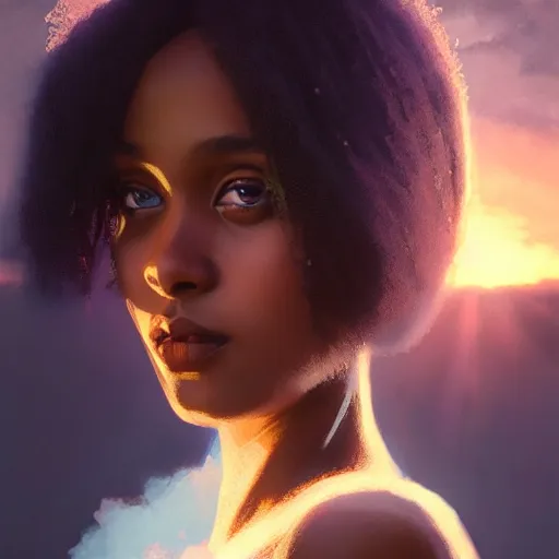 Image similar to a Photorealistic dramatic hyperrealistic bright blue eyes, African American girl, black hair, white veil,by WLOP,Artgerm,Greg Rutkowski,Alphonse Mucha, Beautiful dynamic dramatic bright sunset lighting,shadows,cinematic atmosphere,Artstation,concept design art,Octane render,8k