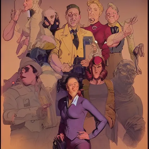 Prompt: time traveler team. portrait by mœbius and gil elvgren. character design. realistic proportions. dystopian. concept art. cel shading. attractive face. thick lines. hi def 4 k. the team. detailed characters.