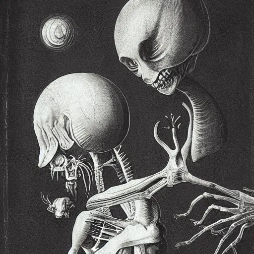 Prompt: high quality black&white sepia alien's book about anatomy and biology by hieronymus bosch and davinci and beeple