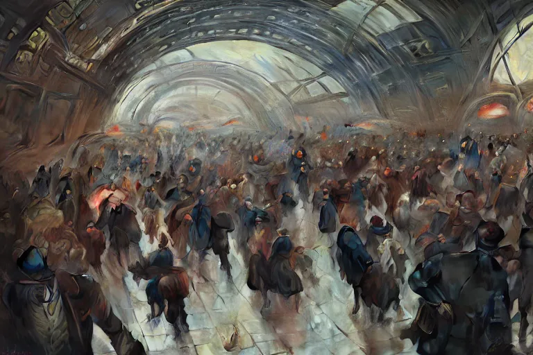 Image similar to subway mayhem as people rush to get on the cattrain, highly detailed, digital painting, artstation, concept art, smooth, sharp focus, illustration, art by greg rutkowski and alphonse mucha