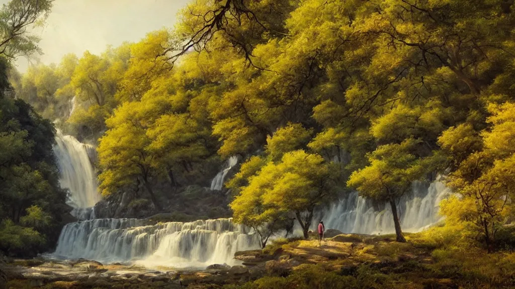 Image similar to A beautiful landscape oil painting of a hill with trees, a person is walking trhough the river and anoter person is sitting under a tree, the summer has arrived and the trees are almost dry, covered with yellow-greenish leafs, the river and the waterfall have almost no water, the river has lots of dark grey rocks, by Greg Rutkowski