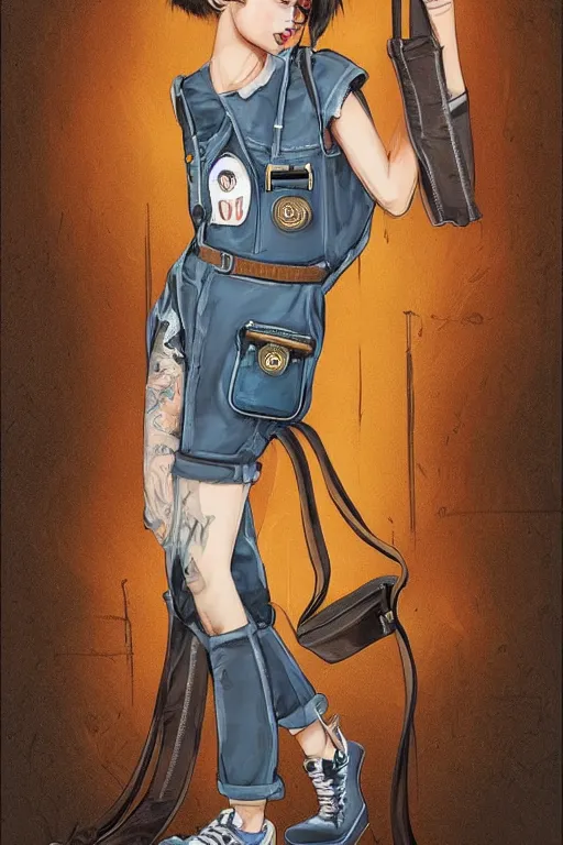 Prompt: a full body portrait beautiful androgynous punk girl with short hair and beautiful eyes who is a mechanic wearing overalls with a utility bag, digital illustration, digital concept art, digital painting, ornate decorative background, very aesthetic!!!!!!, trending on artstation