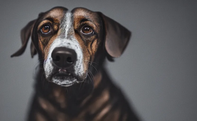 Image similar to studio photography of a dog, detailed face, hyper realistic, cinematic lighting, dark atmosphere, 8 k