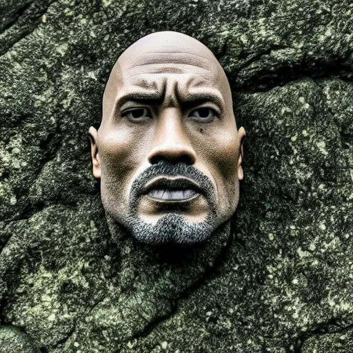 Image similar to a grey mossy rock with the face of dwayne johnson, shot on iphone 1